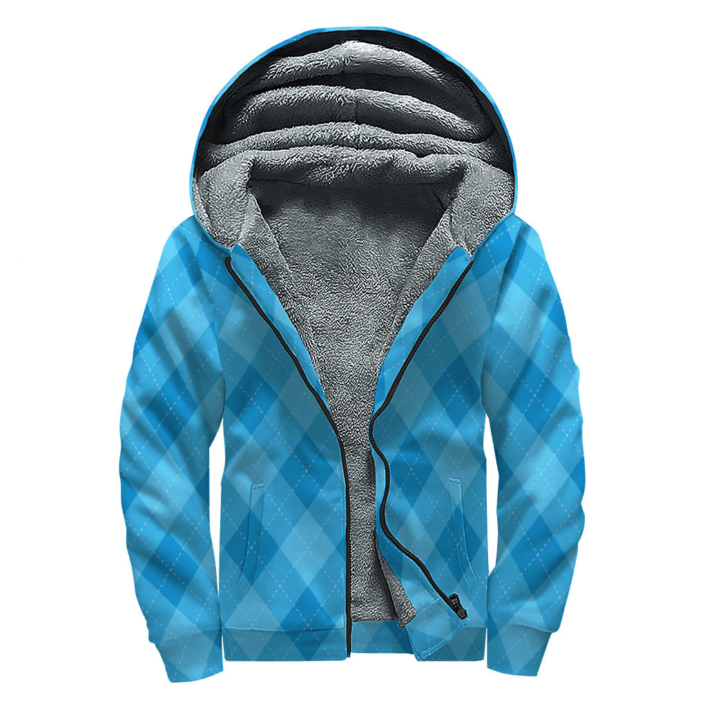 Ocean Blue Argyle Pattern Print Sherpa Lined Zip Up Hoodie for Free Spirited Hippies - 1