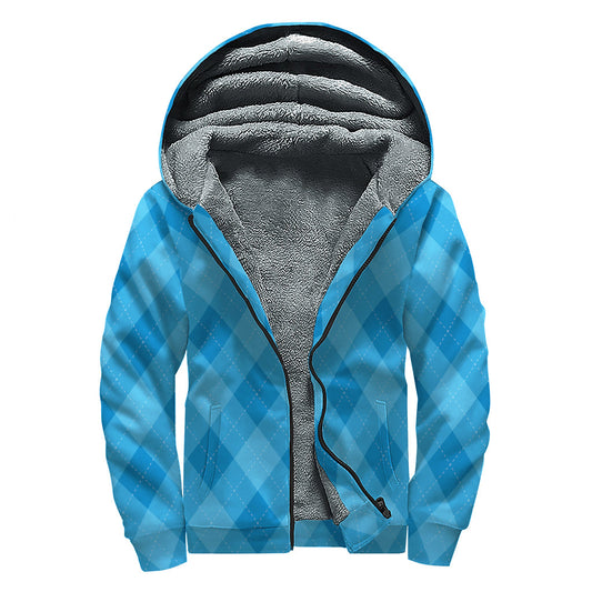 Ocean Blue Argyle Pattern Print Sherpa Lined Zip Up Hoodie for Free Spirited Hippies - 1