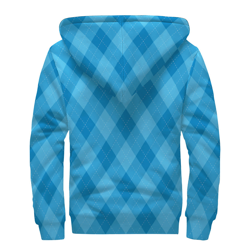 Ocean Blue Argyle Pattern Print Sherpa Lined Zip Up Hoodie for Free Spirited Hippies - 2