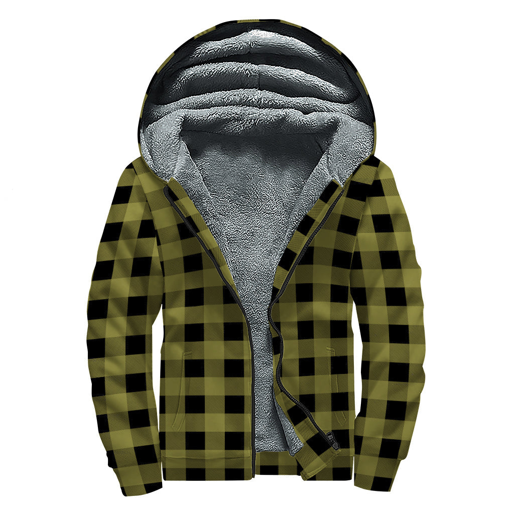 Groovy Olive Green Buffalo Check Pattern Print Sherpa Lined Zip Up Hoodie - 1