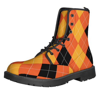 Orange and Black Argyle Pattern Leather Boots for the Fashion-Forward Hippie - 1