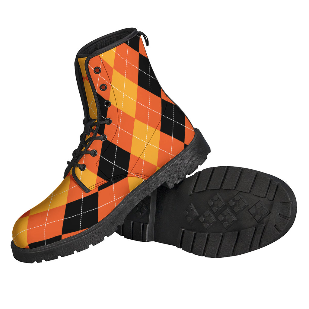 Orange and Black Argyle Pattern Leather Boots for the Fashion-Forward Hippie - 2