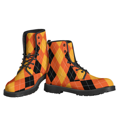 Orange and Black Argyle Pattern Leather Boots for the Fashion-Forward Hippie - 3