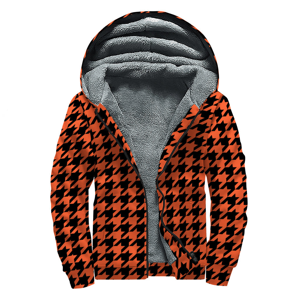 Orange and Black Houndstooth Hippie Sherpa Lined Zip Up Hoodie - 1