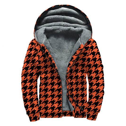 Orange and Black Houndstooth Hippie Sherpa Lined Zip Up Hoodie - 1