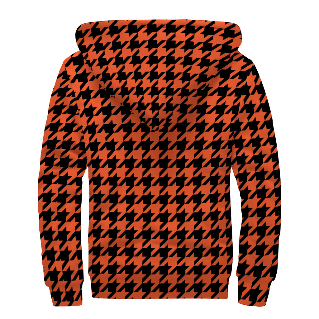 Orange and Black Houndstooth Hippie Sherpa Lined Zip Up Hoodie - 2