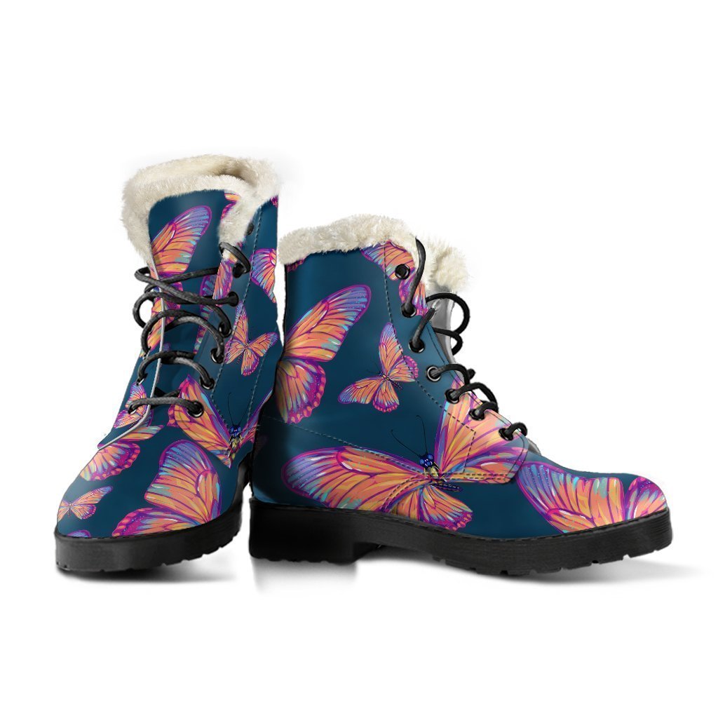 Orange and Purple Butterfly Print Faux Fur Leather Boots for Groovy Hippies - 3