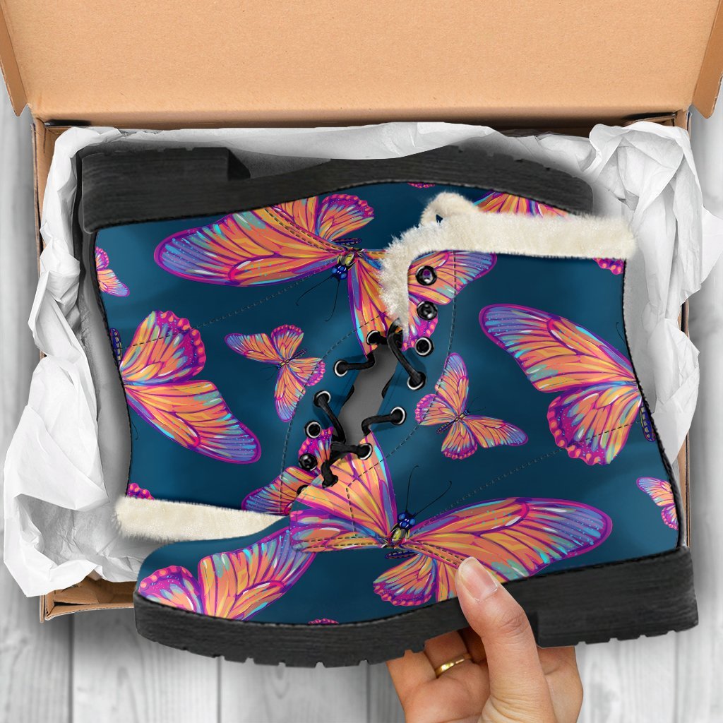 Orange and Purple Butterfly Print Faux Fur Leather Boots for Groovy Hippies - 5