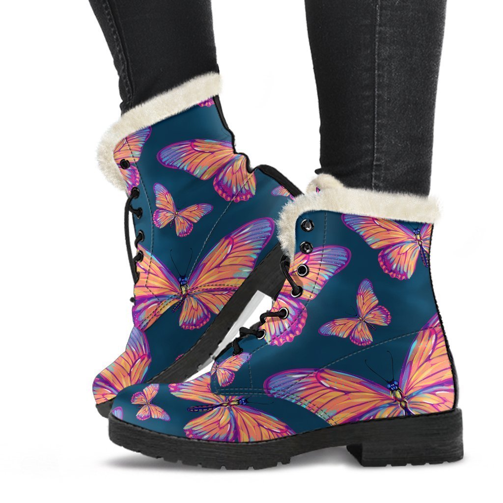 Orange and Purple Butterfly Print Faux Fur Leather Boots for Groovy Hippies - 1