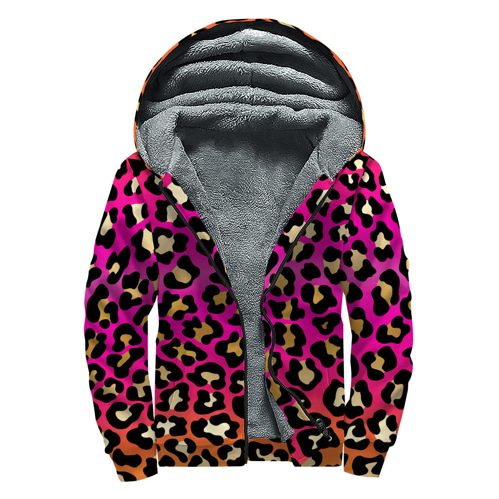 Orange and Purple Leopard Print Hippie Sherpa Lined Zip Up Hoodie - 1