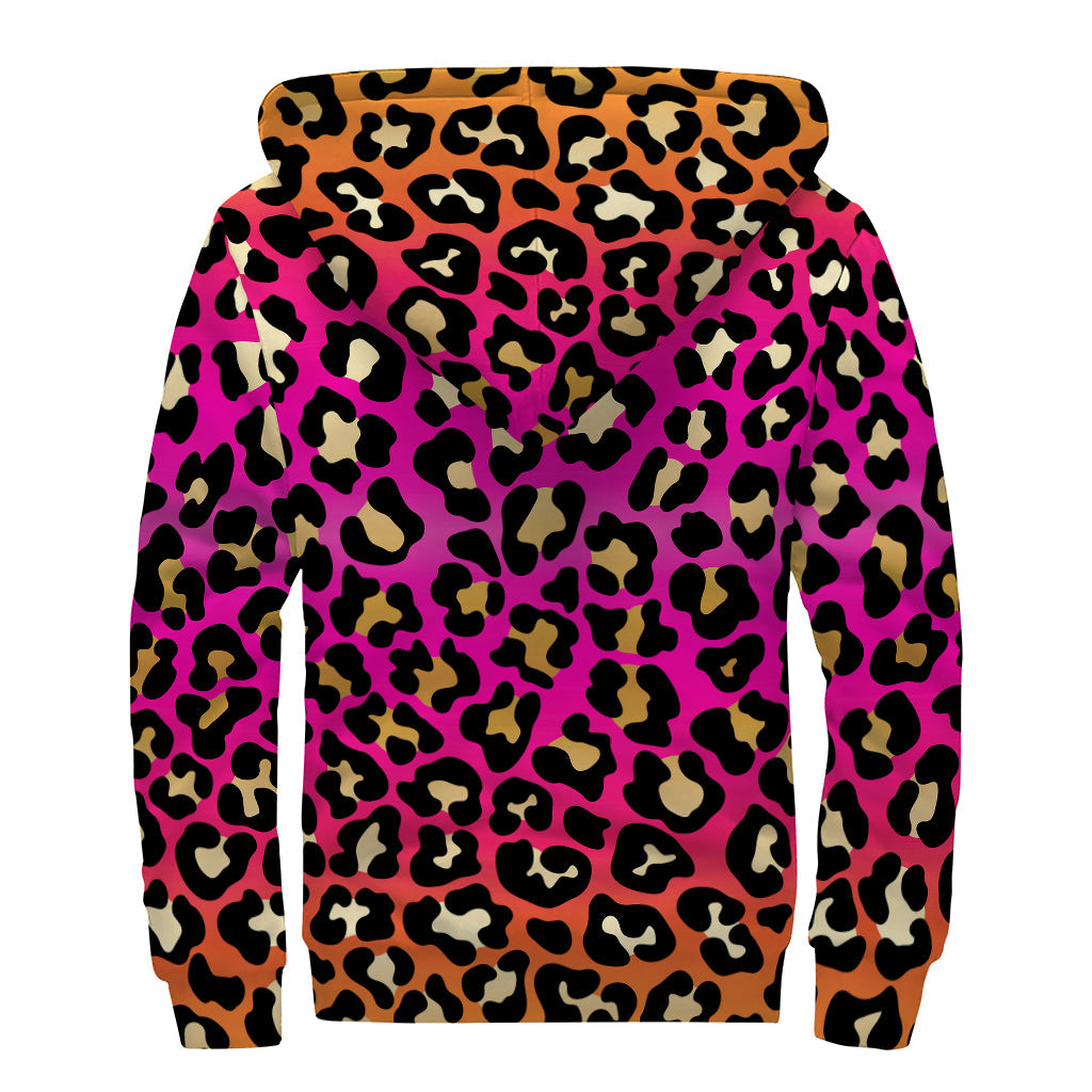 Orange and Purple Leopard Print Hippie Sherpa Lined Zip Up Hoodie - 2