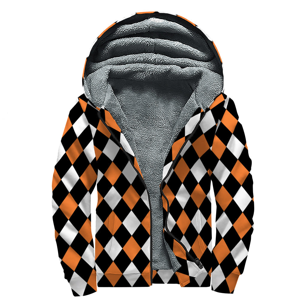 Orange, Black, and White Harlequin Print Hippie Sherpa Lined Zip Up Hoodie - 1