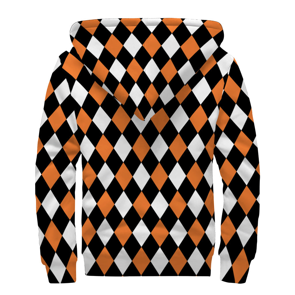 Orange, Black, and White Harlequin Print Hippie Sherpa Lined Zip Up Hoodie - 2