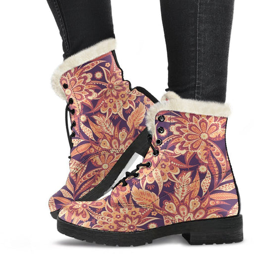 Orange Bohemian Floral Faux Fur Leather Boots for the Free Spirit - 1