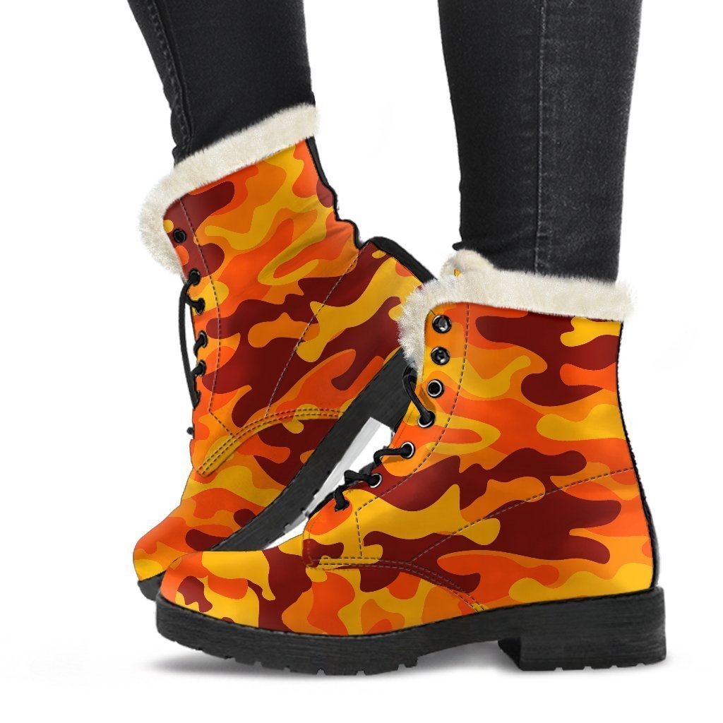 Orange Camouflage Faux Fur Leather Boots: Step Out in Hippie Style! - 1