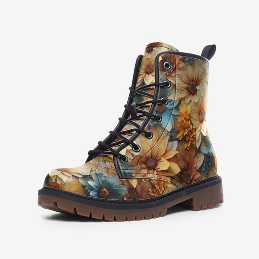 Emerald Blossoms - Orange Floral Casual Faux Leather Lightweight Boots For Hippies