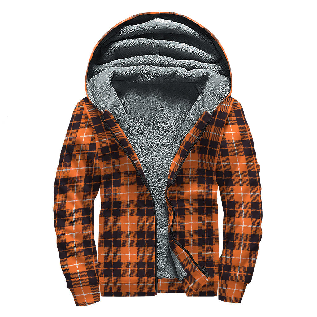 Orange, Grey, and White Tartan Print Sherpa Lined Zip Up Hoodie for Groovy Hippies - 1