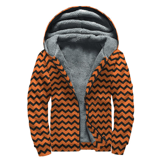 Orange Chevron Pattern Print Sherpa Lined Zip Up Hoodie for Groovy Hippies - 1