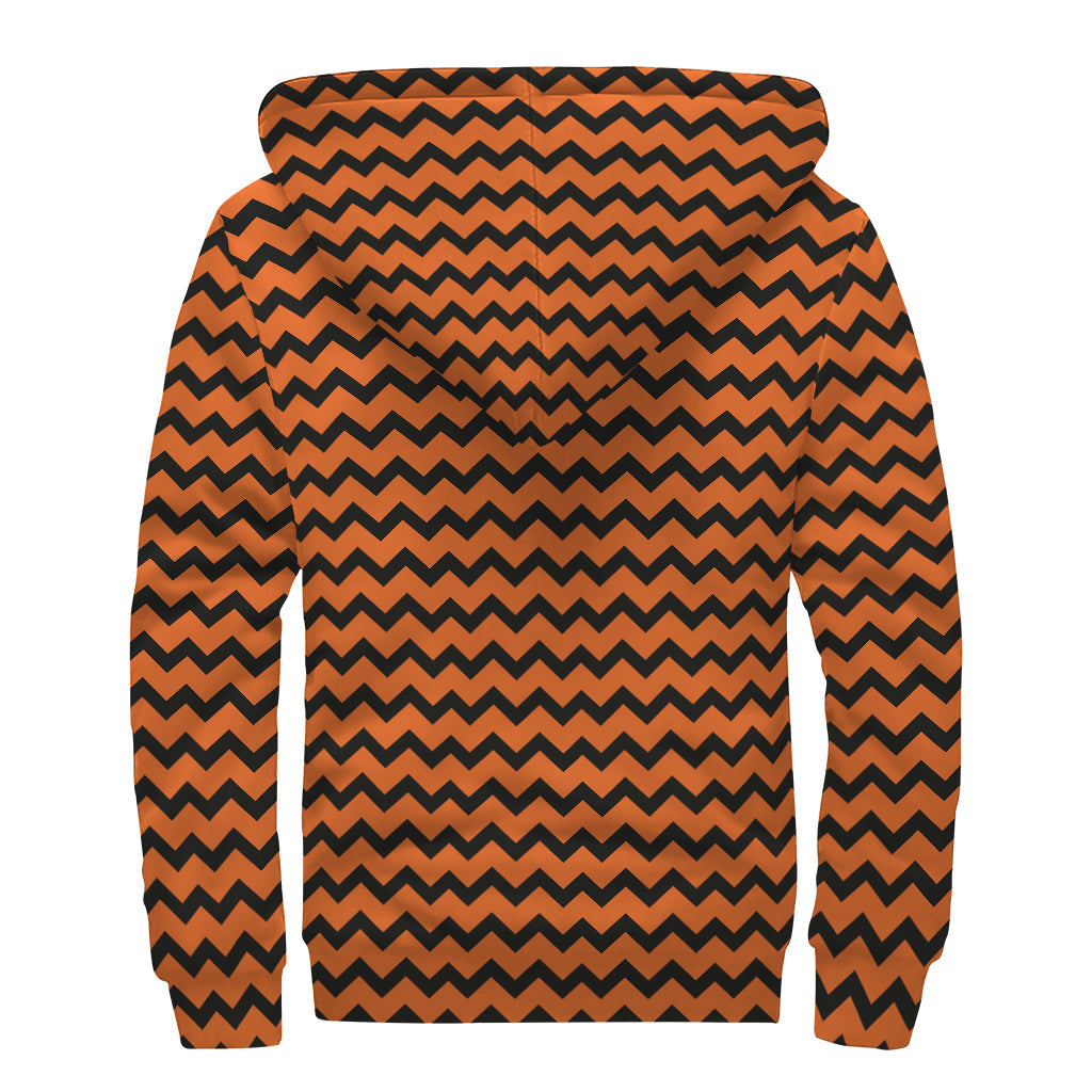 Orange Chevron Pattern Print Sherpa Lined Zip Up Hoodie for Groovy Hippies - 2