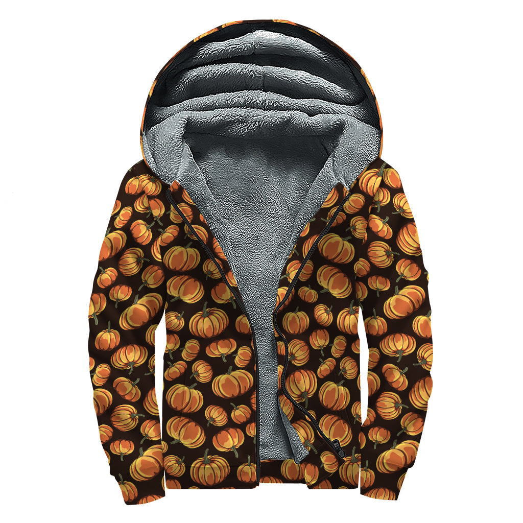 Groovy Halloween Pumpkin Pattern Sherpa Hoodie for Free-spirited Hippies - 1