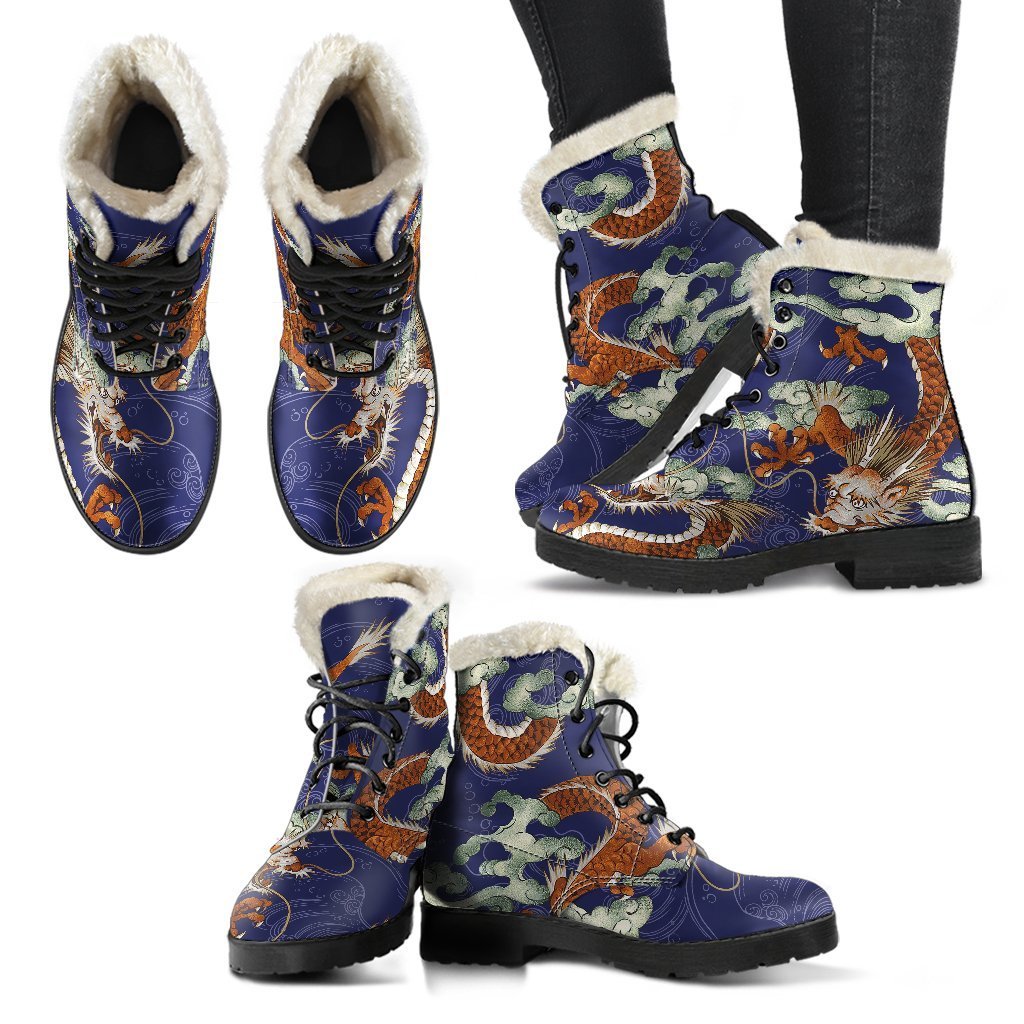 Orange Japanese Dragon Pattern Faux Fur Leather Boots: Embrace Your Inner Hippie - 2