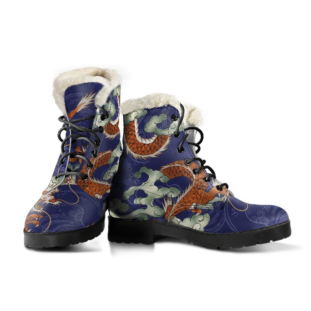 Orange Japanese Dragon Pattern Faux Fur Leather Boots: Embrace Your Inner Hippie - 3