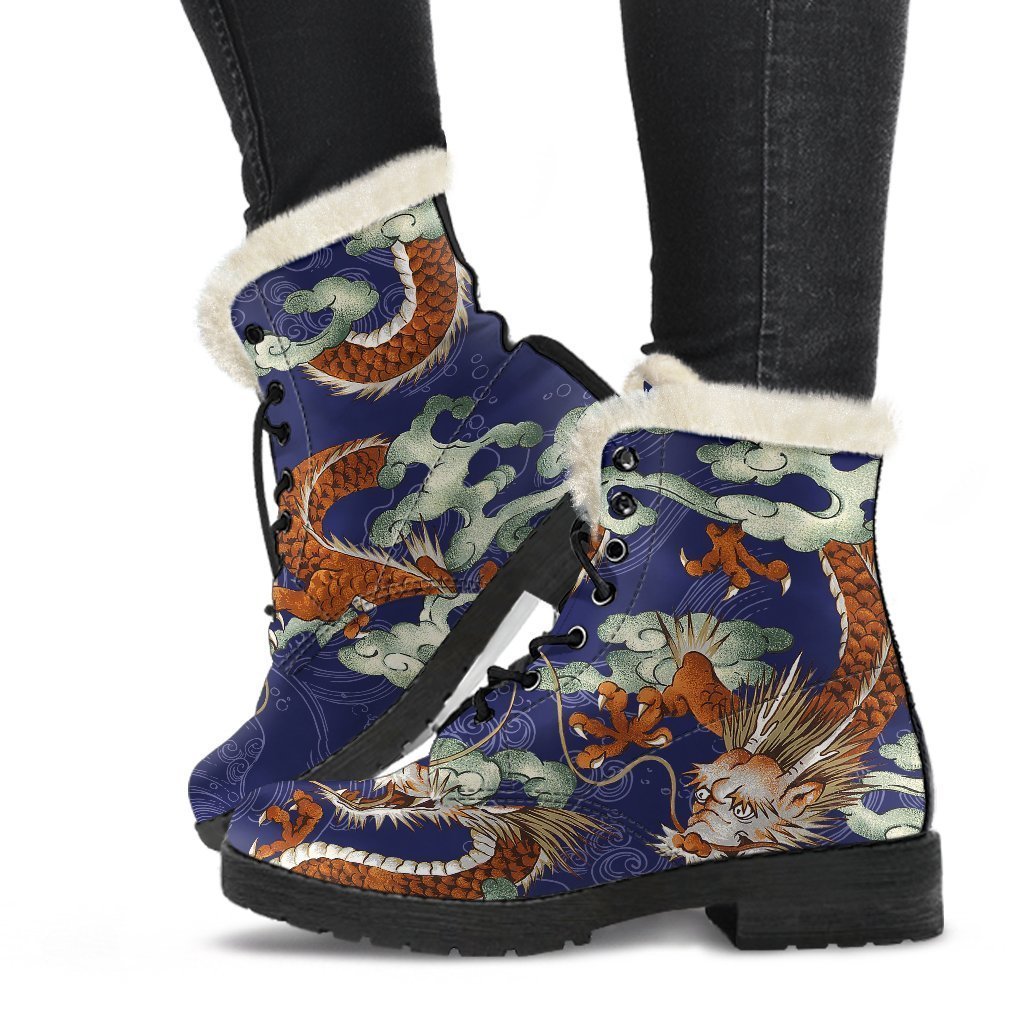 Orange Japanese Dragon Pattern Faux Fur Leather Boots: Embrace Your Inner Hippie - 1