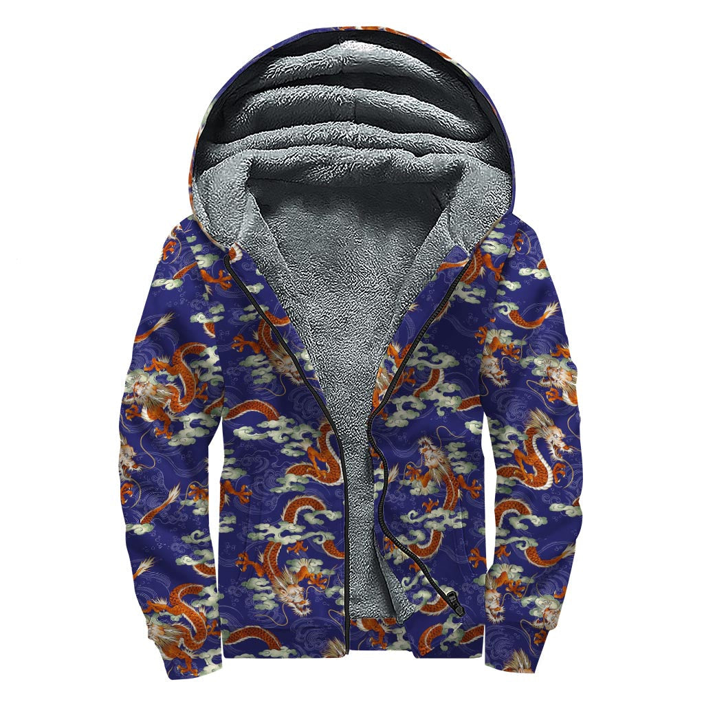 Orange Japanese Dragon Pattern Print Sherpa Lined Zip Up Hoodie: Embrace the Hippie Style - 1