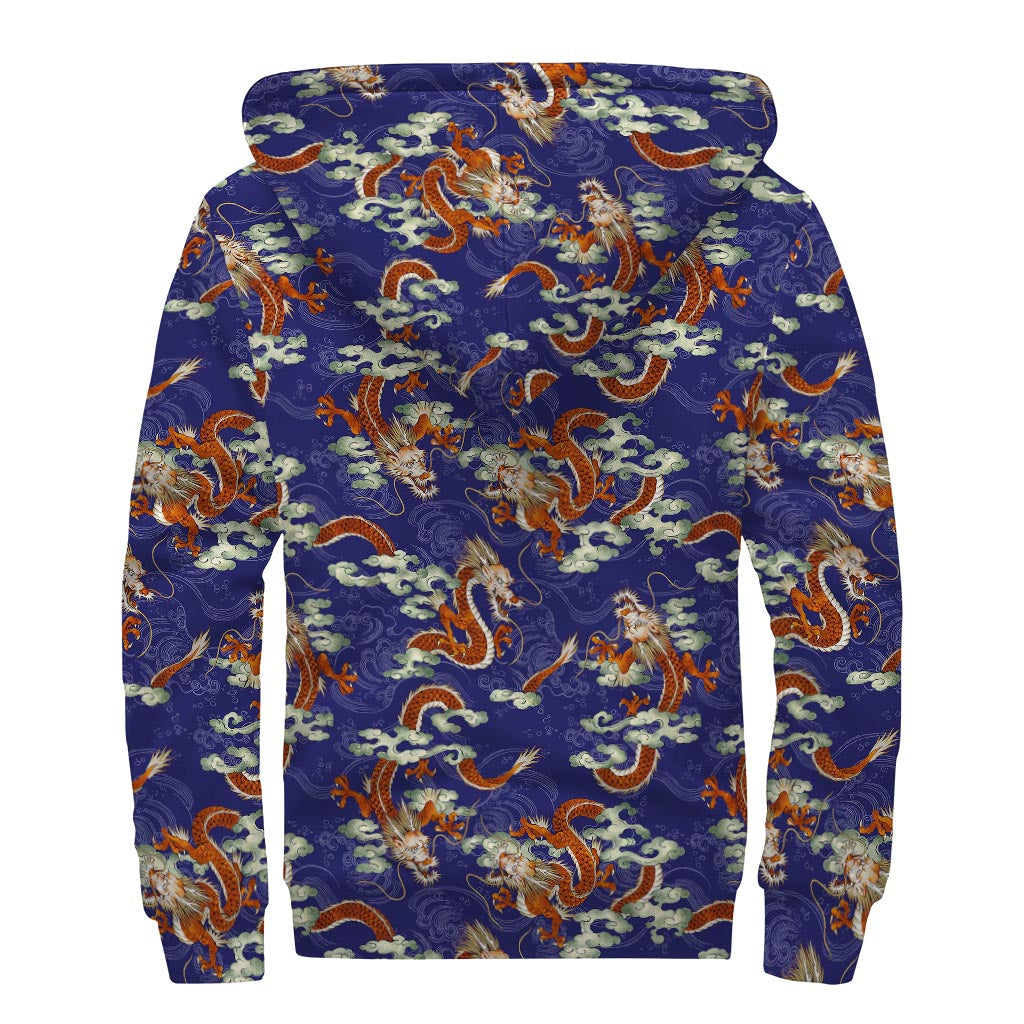 Orange Japanese Dragon Pattern Print Sherpa Lined Zip Up Hoodie: Embrace the Hippie Style - 2