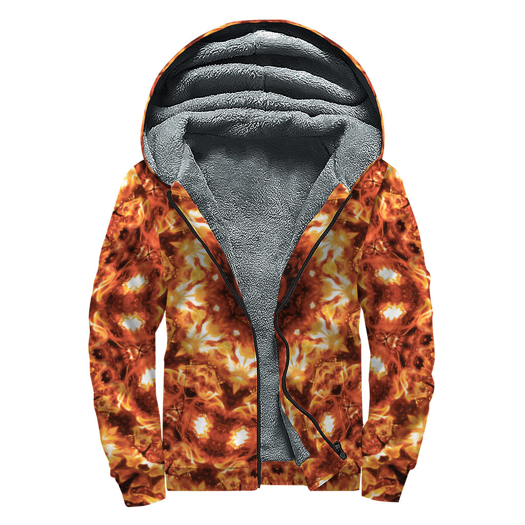 Orange Kaleidoscope Print Hippie Sherpa Lined Zip Up Hoodie - 1