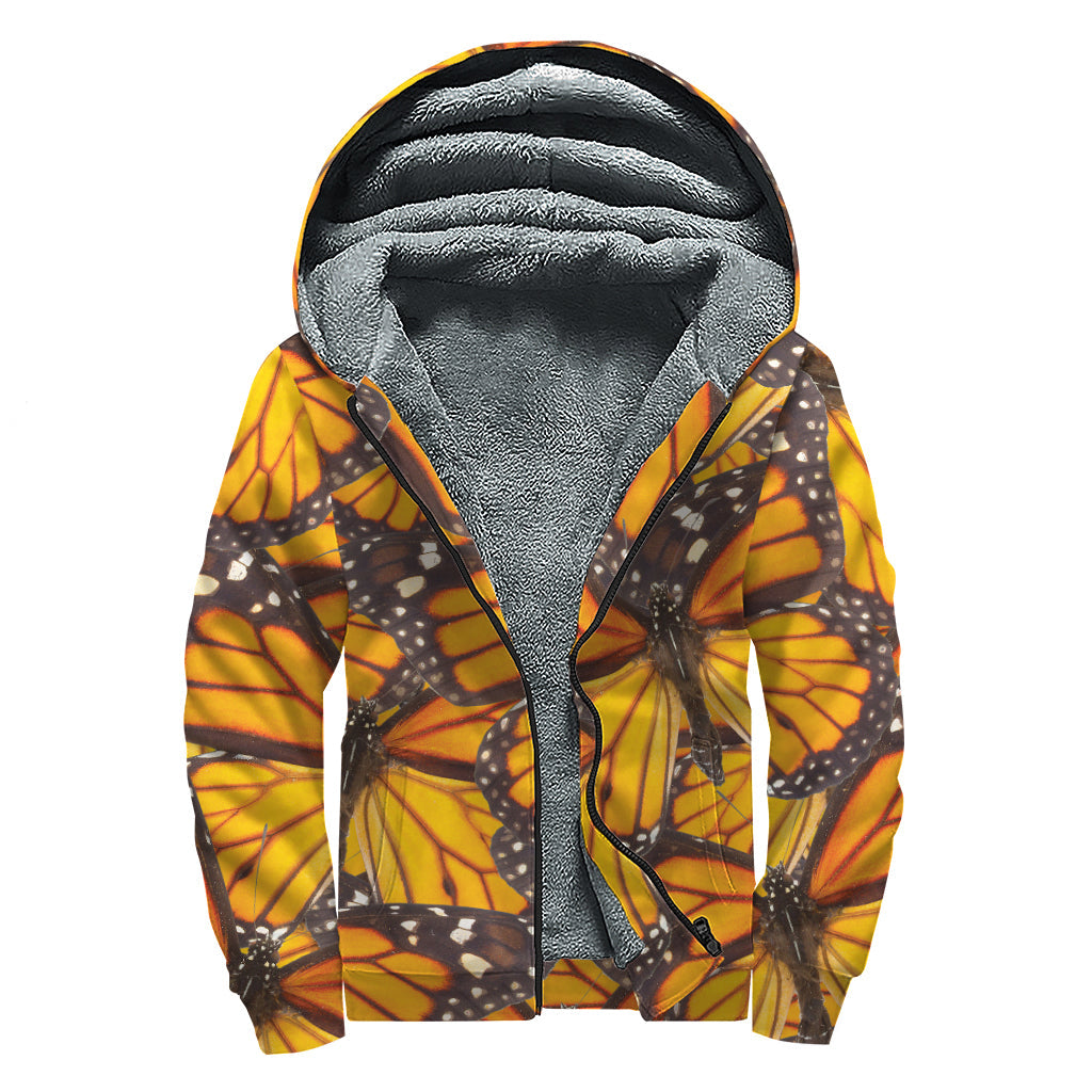 Orange Monarch Butterfly Pattern Print Sherpa Lined Zip Up Hoodie for Groovy Hippies - 1