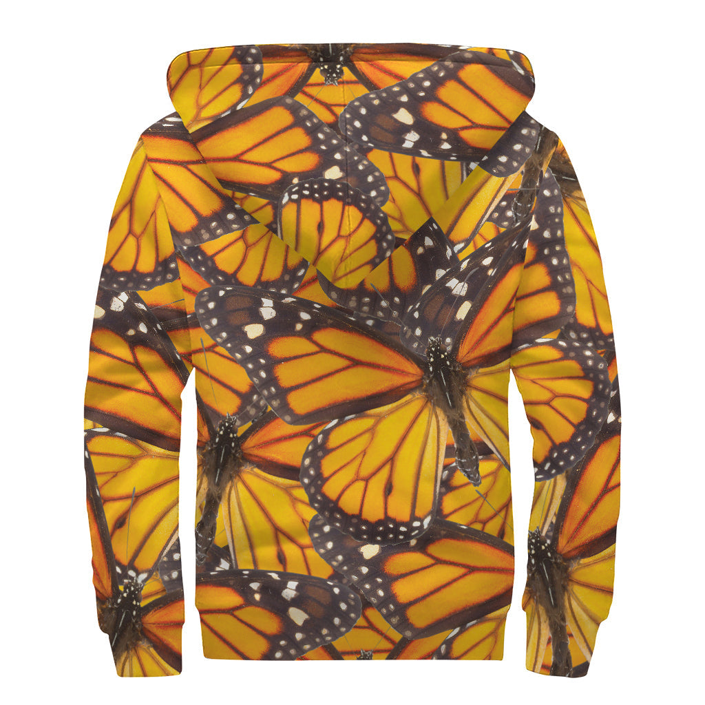 Orange Monarch Butterfly Pattern Print Sherpa Lined Zip Up Hoodie for Groovy Hippies - 2