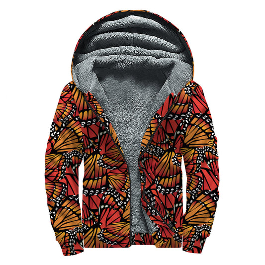 Orange Monarch Butterfly Wings Print Sherpa Lined Zip Up Hoodie for Groovy Hippies - 1