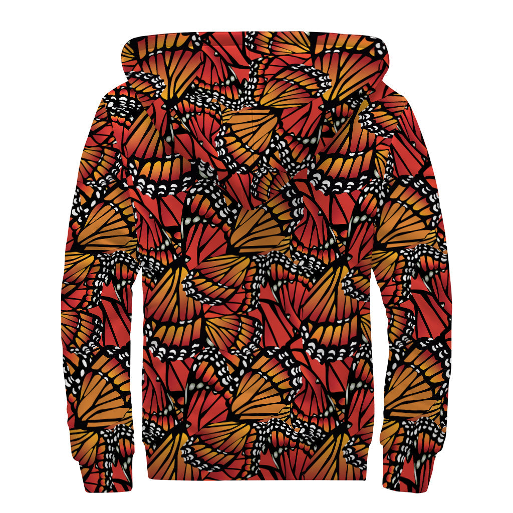 Orange Monarch Butterfly Wings Print Sherpa Lined Zip Up Hoodie for Groovy Hippies - 2