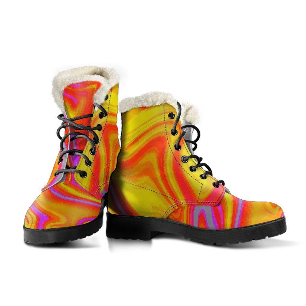 Orange Psychedelic Liquid Trippy Faux Fur Leather Boots for Fashionable Hippies - 3