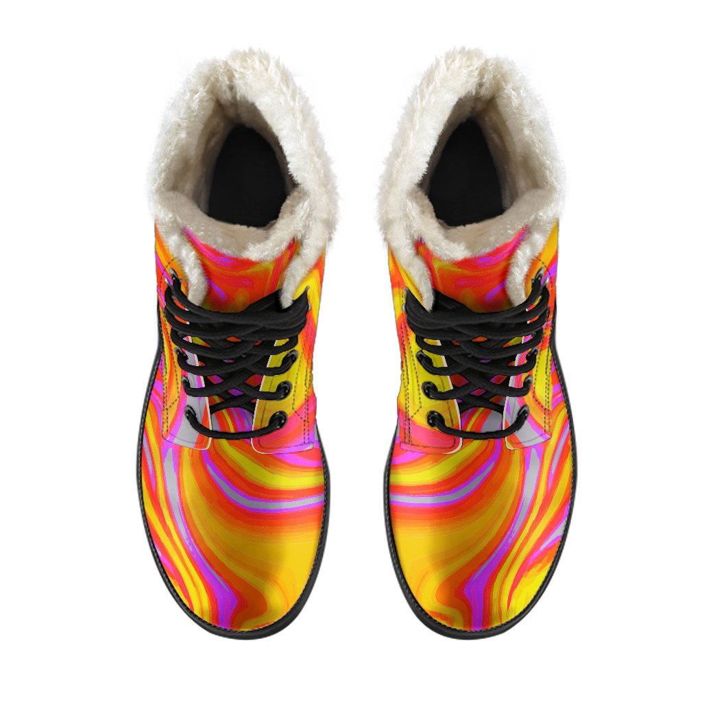 Orange Psychedelic Liquid Trippy Faux Fur Leather Boots for Fashionable Hippies - 4