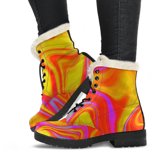 Orange Psychedelic Liquid Trippy Faux Fur Leather Boots for Fashionable Hippies - 1