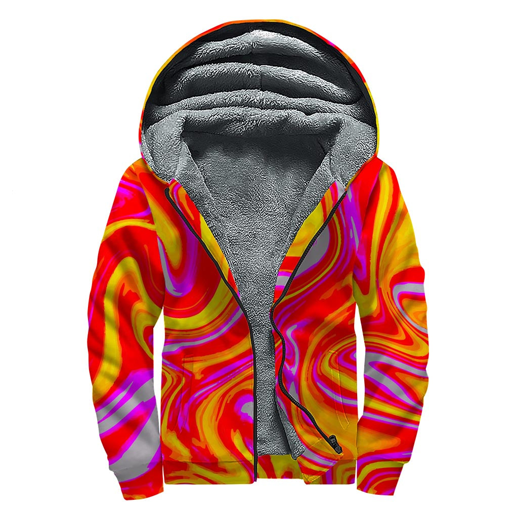 Orange Psychedelic Liquid Trippy Print Sherpa Lined Zip Up Hoodie - 1