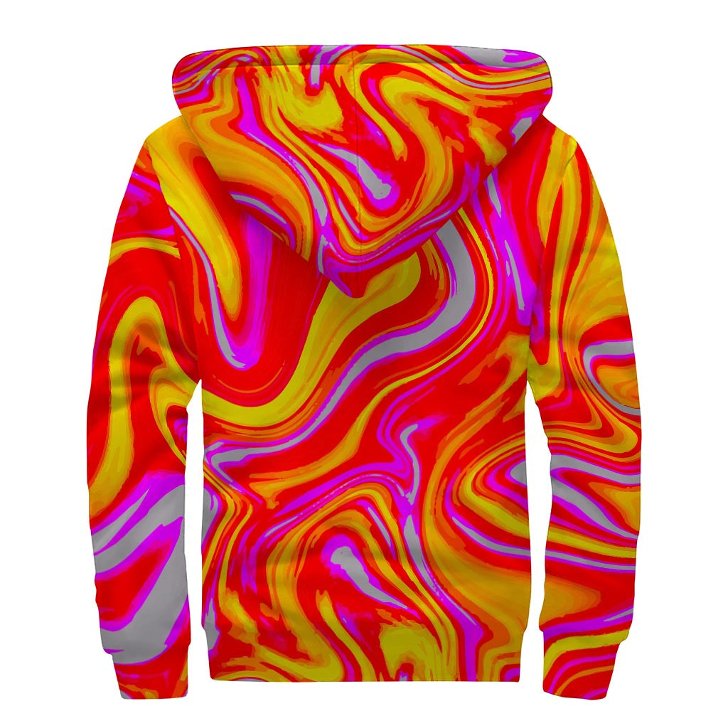 Orange Psychedelic Liquid Trippy Print Sherpa Lined Zip Up Hoodie - 2