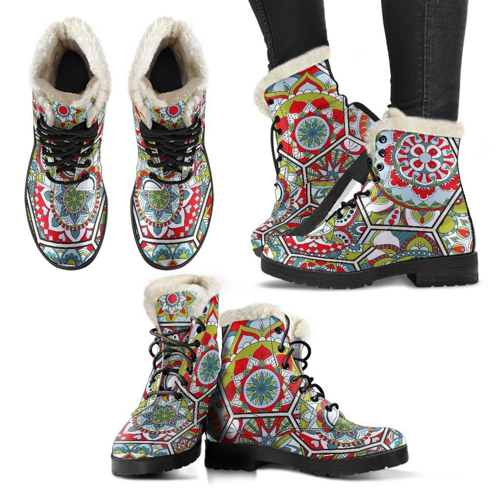 Mandala Magic: Faux Fur Leather Boots for Bohemian Hippies - 2