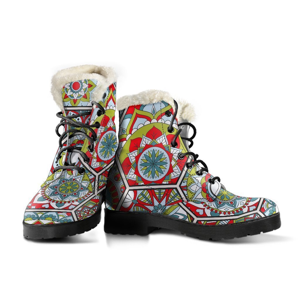 Mandala Magic: Faux Fur Leather Boots for Bohemian Hippies - 3