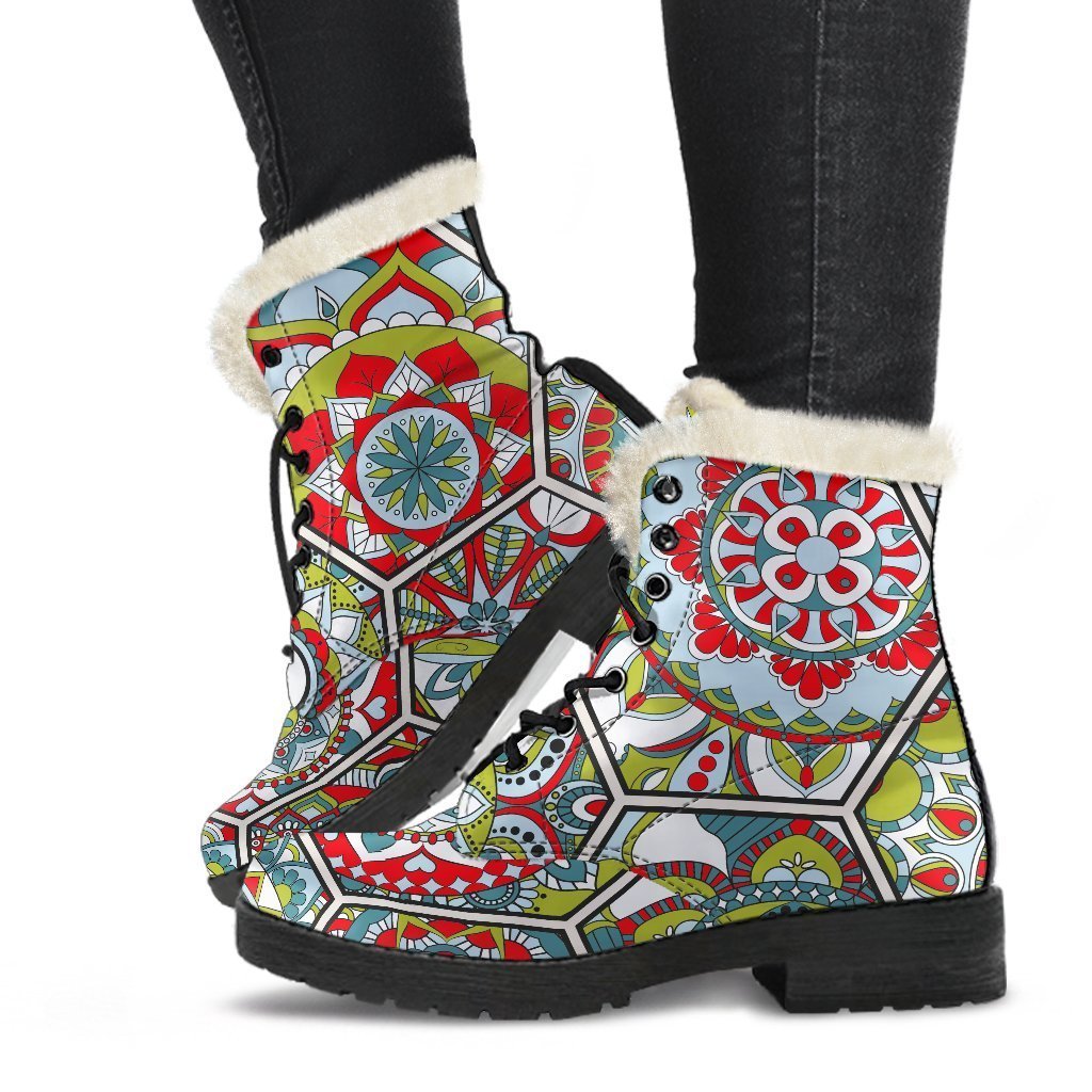 Mandala Magic: Faux Fur Leather Boots for Bohemian Hippies - 1