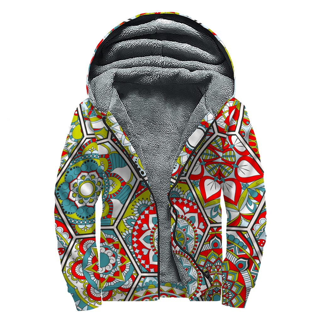 Groovy Vibes: Oriental Mandala Bohemian Pattern Sherpa Lined Zip Up Hoodie - 1