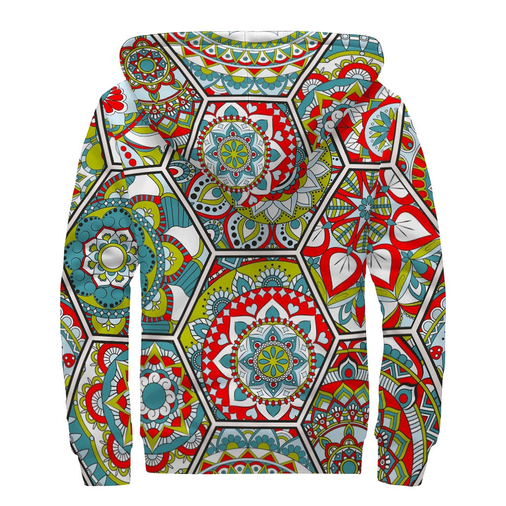 Groovy Vibes: Oriental Mandala Bohemian Pattern Sherpa Lined Zip Up Hoodie - 2