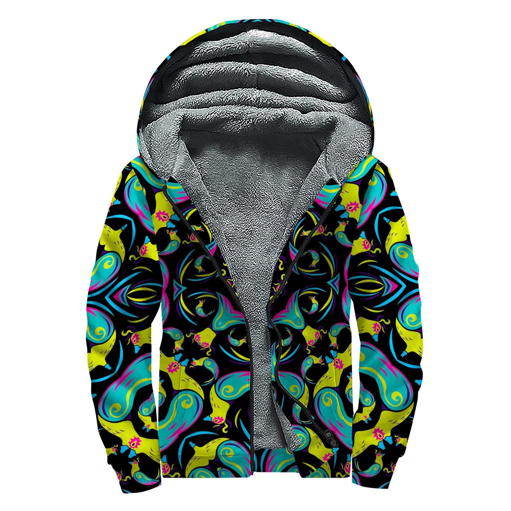 Ornament Psychedelic Trippy Print Sherpa Lined Zip Up Hoodie for Groovy Hippies - 1