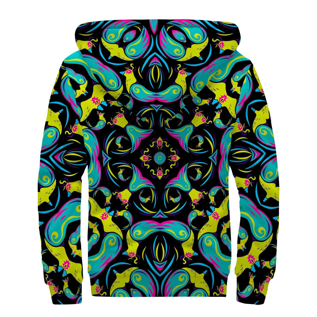 Ornament Psychedelic Trippy Print Sherpa Lined Zip Up Hoodie for Groovy Hippies - 2