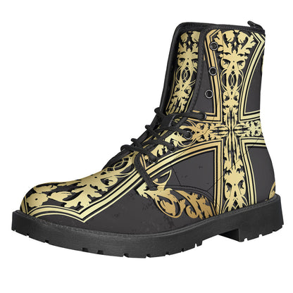 Golden Cross Printed Leather Lightweight Boots for Free-Spirited Hippies - 1