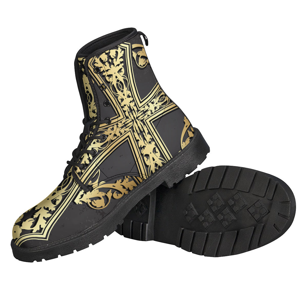 Golden Cross Printed Leather Lightweight Boots for Free-Spirited Hippies - 2