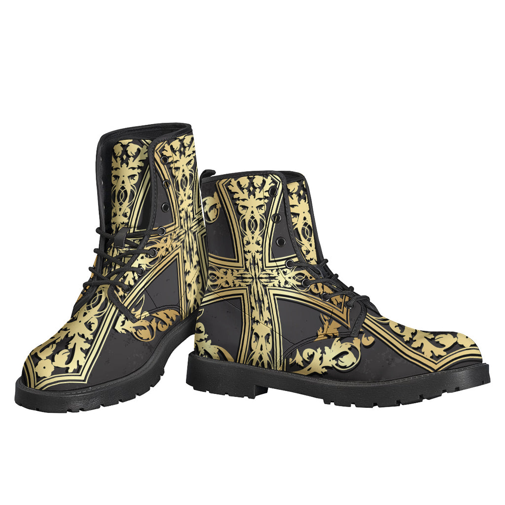 Golden Cross Printed Leather Lightweight Boots for Free-Spirited Hippies - 3