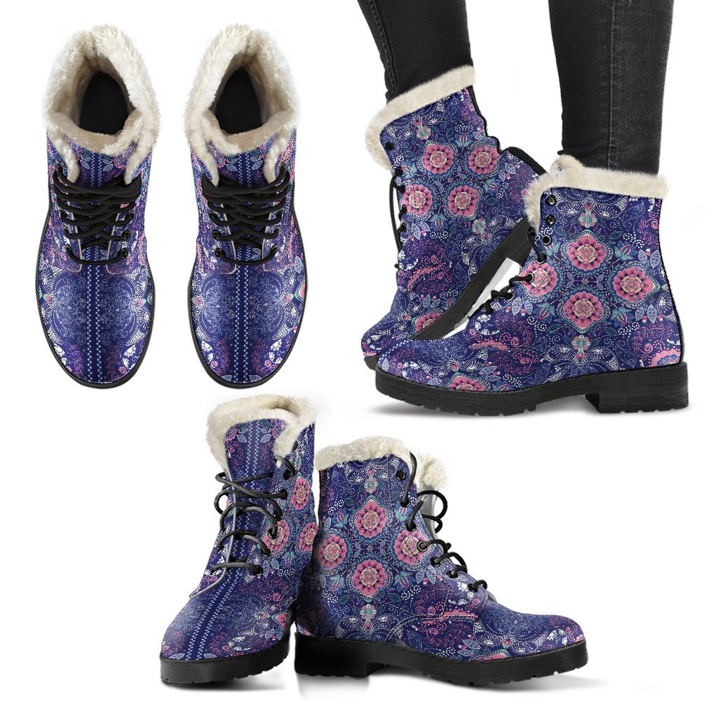 Ornamental Paisley Mandala Print Faux Fur Leather Boots: A Hippie's Dream - 2